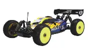 A remote controlled car with yellow wheels and black body.
