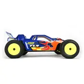 A blue and orange car with yellow wheels.