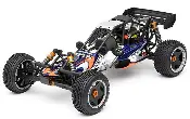 A remote controlled car with an orange and blue design.