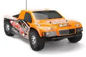A remote controlled truck is orange and has black stripes.