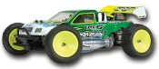 A green and yellow car with wheels on the side.