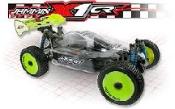 A remote controlled car with neon wheels and tires.