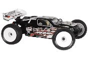 A remote controlled car with a black and white design.