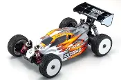 A remote controlled car with an orange and white body.
