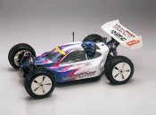 A remote controlled car with a wing on the side.