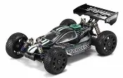 A remote controlled car with the front end painted black and green.