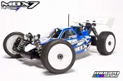 A blue and white buggy is on the floor