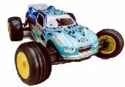 A blue and white car with large wheels.