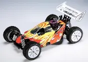 A remote controlled car with flames painted on it.