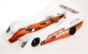 A model of an orange and white race car.