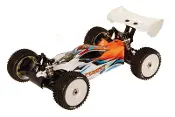 A remote controlled car with an orange and white body.