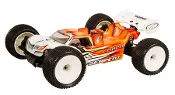A remote controlled car with an orange body and white wheels.