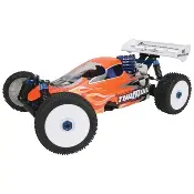 A remote controlled car with an orange body and white wheels.