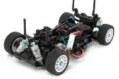 A remote controlled car with two motors and four wheels.