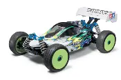 A remote controlled car with a green and blue body.