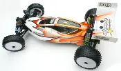 A remote controlled car with orange and white flames.