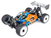 A remote controlled car with an orange and blue body.