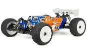 A close up of an orange and blue buggy