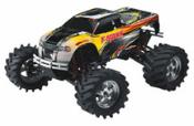 A remote controlled truck with large tires and wheels.