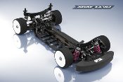 A 3 d model of an electric car with all the wheels and suspension.