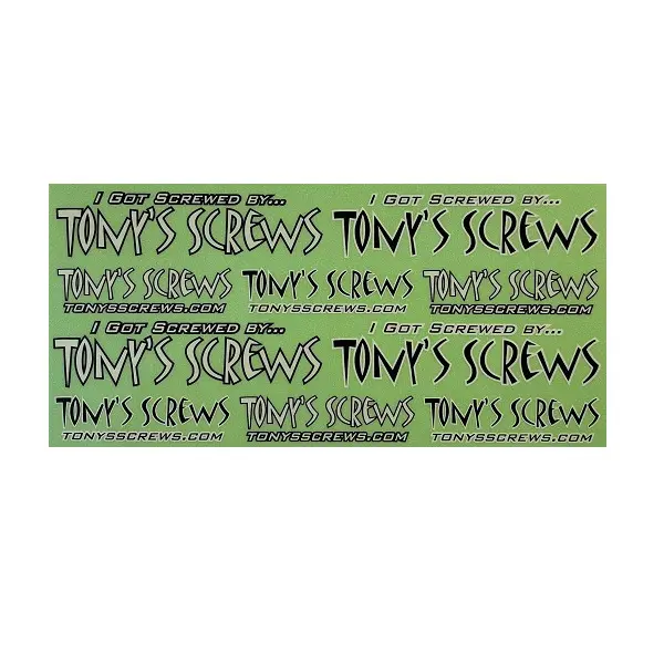 A green sticker with the words tony 's screws written in black.